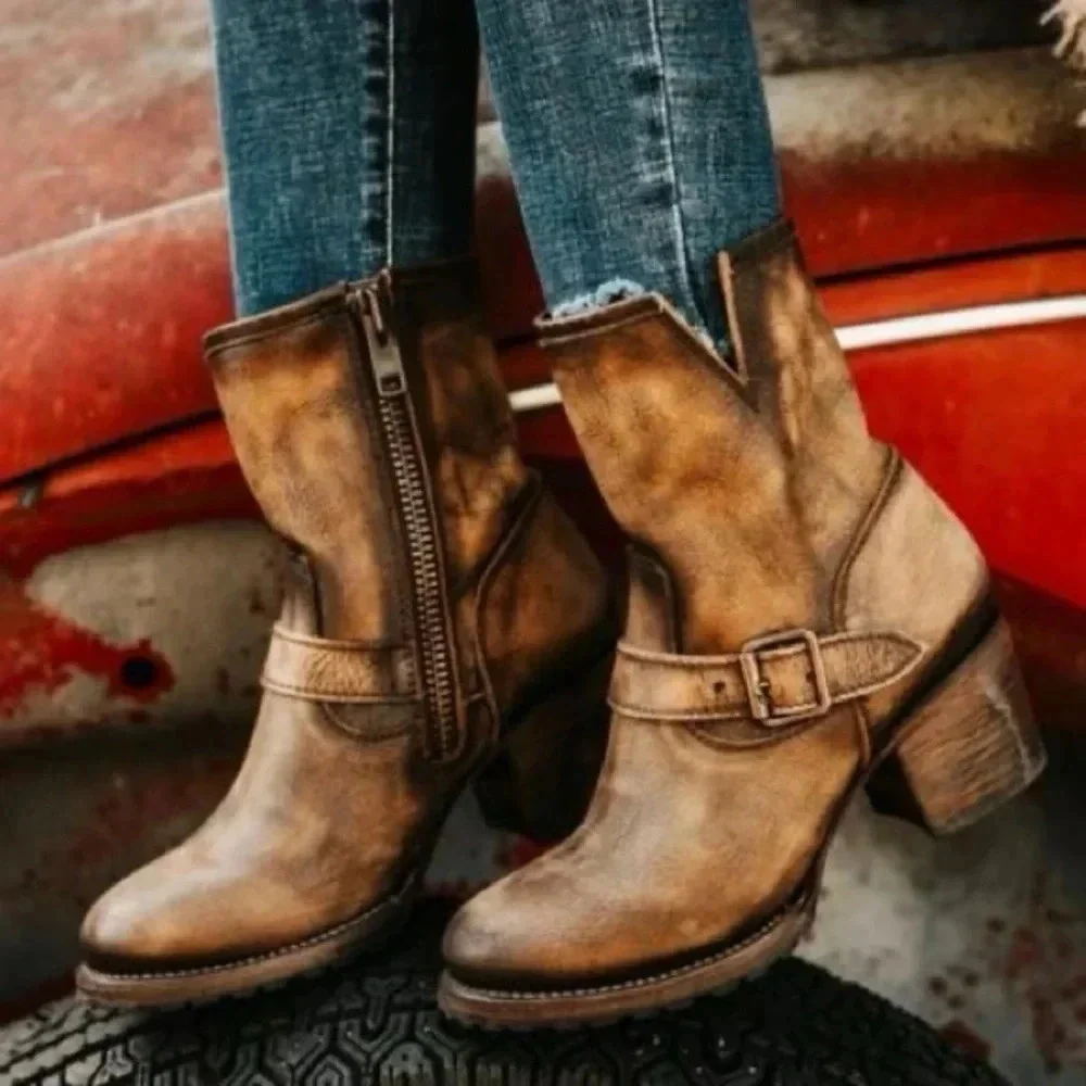 FreeBird Carlito Brown Leather Boho Western Moto Brown Heeled Boots - Picture 16 of 16